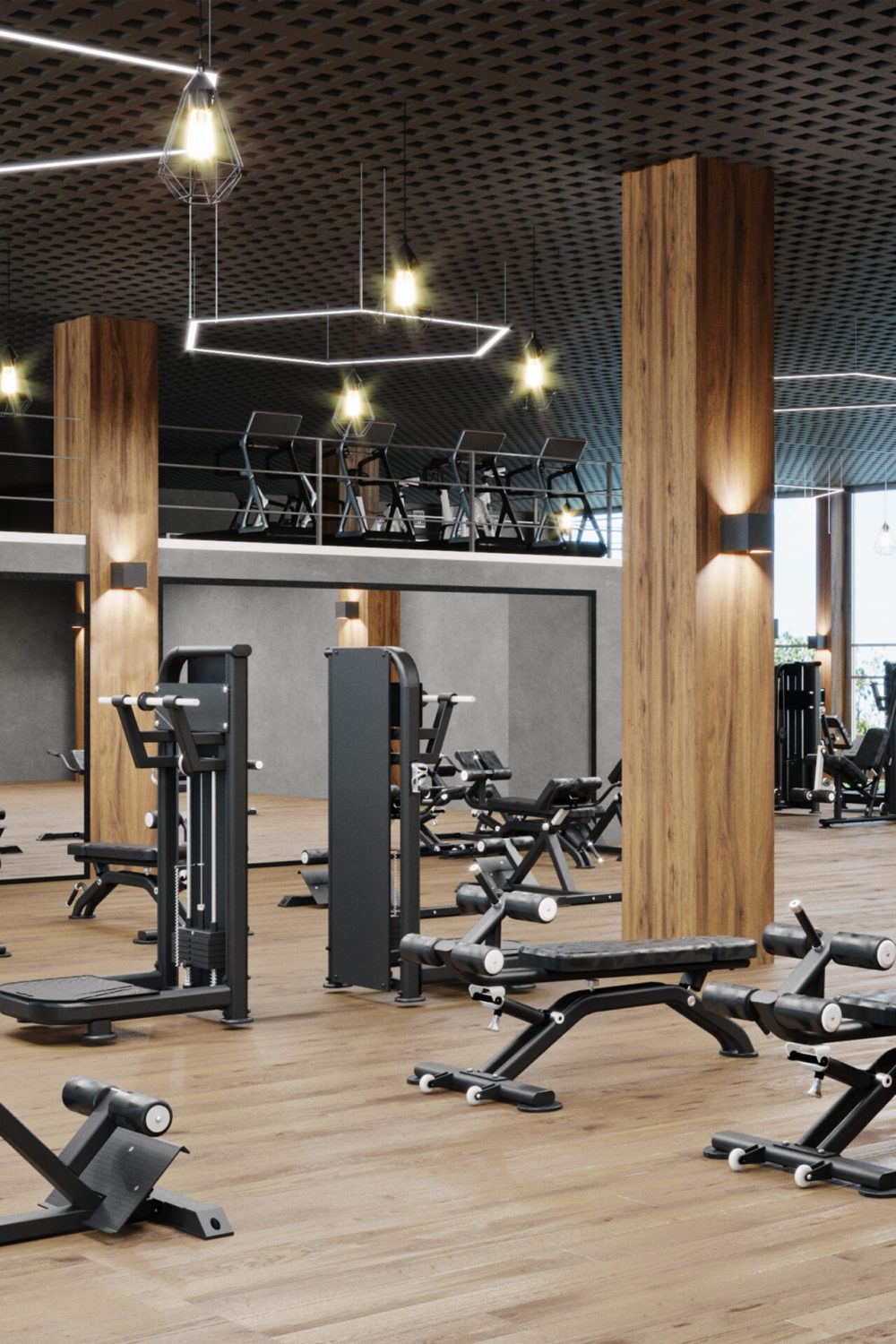 Modern gym interior with sport and fitness equipment, fitness ce